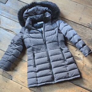 Calvin Klein Gray Puffer Jacket with Black Fur Trim